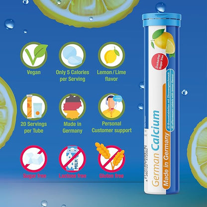 German Calcium 140 Drink Effervescent Tablets - Lemon Lime Flavour - 500 mg Calcium, Sugarfree, Vegan- T&D Pharma – Made in Germany