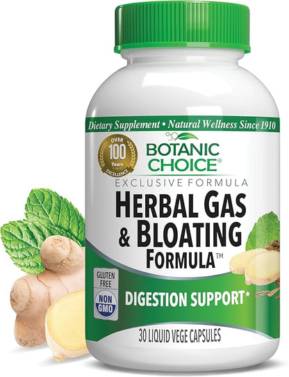 Botanic Choice Herbal Gas & Bloating Formula – Natural Digestive Support with Ginger, Peppermint & Caraway – 30 Vege Capsules