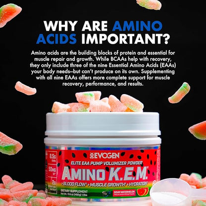 Evogen Amino K.E.M. - EAA & BCAA Powder Pump Volumizer | BCAAs Amino Acids Supplement for Blood Flow, Muscle Growth, & Hydration | Sour Watermelon | 30 Servings