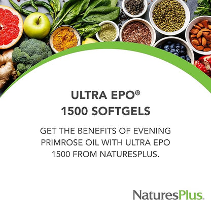 Natures Plus Ultra EPO 1500 - Evening Primrose Oil - Premenstrual and Menopausal Antioxidant Support - Promotes Clear Skin - Gluten Free - 90 Softgels, 90 Servings