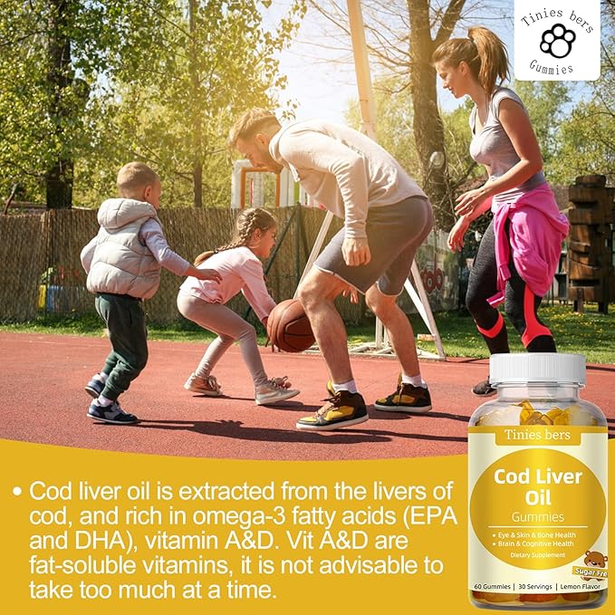 Cod Liver Oil Gummies 1000mg, Sugar Free for Adults & Kids, Omega-3s & Vitamin A&D for Brain, Cognitive, Heart & Eye, Bone Health, Gluten Free, Non GMO, Pectin, 60