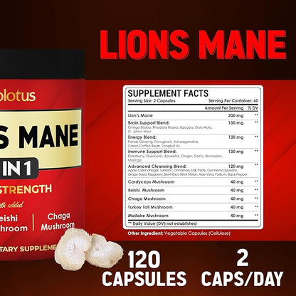Zolotus 35 in 1 Lions Mane Mushroom Capsules Cordeyceps, Reishi, Elderberry, Ashwagandha, Panax Ginseng - 120 Count