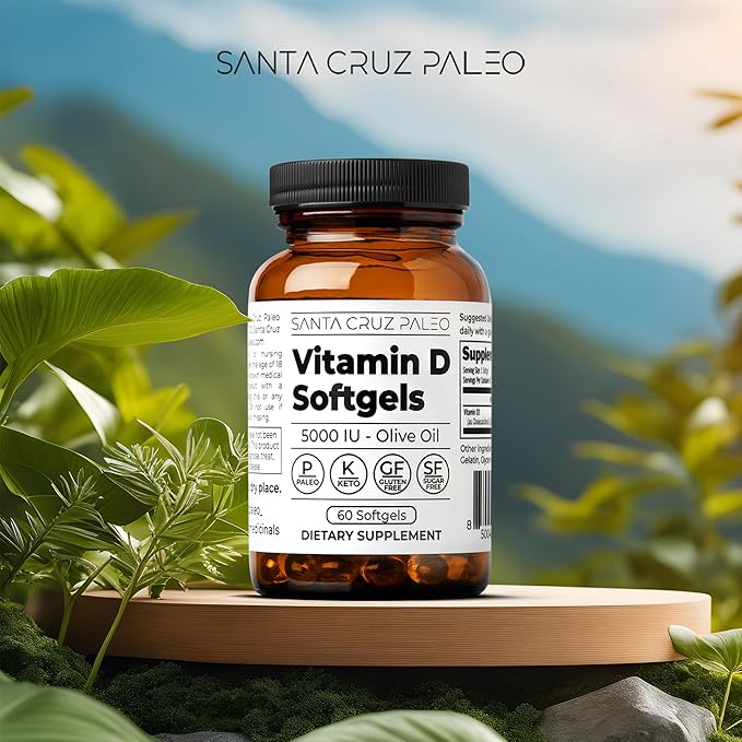 Santa Cruz Paleo Vitamin D Supplement, Bone Health & Immune Support, 5000 i.u. Per Softgel, Gluten Free, Keto, Sugar Free, Paleo, Vitamin D3, Olive Oil for Absorption, Natural Ingredients, 60 Softgels