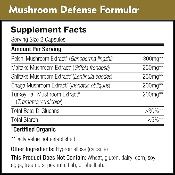 Mushroom Defense Formula - Immune Support Supplement | Organic Mushrooms, Hot Water Extracted - Reishi, Chaga, Maitake, Shiitake & Turkey Tail (270 Capsules)