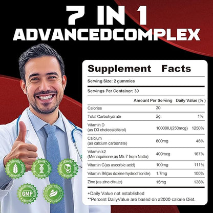 Sugar-Free Vitamin D3 K2 Gummies with Calcium + K2 (MK-7), Magnesium Citrate, Vitamin C, Extra Strength - Ultimate Absorption for Bone Muscle Teeth Immune, Vegan - 60 Gummies