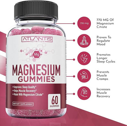 Atlantis Nutrition Magnesium Citrate Gummies – 770mg Magnesium Citrate for Kids & Adults | Supports Muscle Recovery, Eases Cramps, Promotes Calmness & Better Sleep | 60 Vegan Gummies