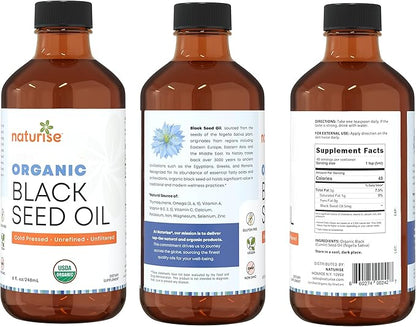 Organic Black Seed Oil (Nigella Sativa, Cumin Seed) Cold Pressed Non-GMO, 8 oz Glass Bottle Source of Essential Fatty Acids, Omega 3 6 9'