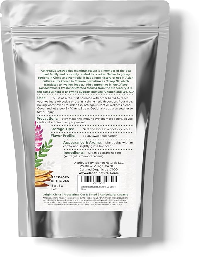 Organic Astragalus Root 4 oz. (113g), USDA Certified Organic Astragalus Membranaceus Dried Root Tea, Huang Qi, Cut & Sifted