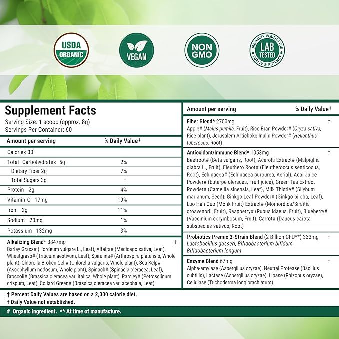 Super Greens Daily Greens Superfood Powder - Certified USDA Organic Green Powder w/20+ Whole Foods, Spirulina Powder, Wheat & Barley Grass - Probiotics, Fiber & Enzymes - Original Flavor, 60 Servings