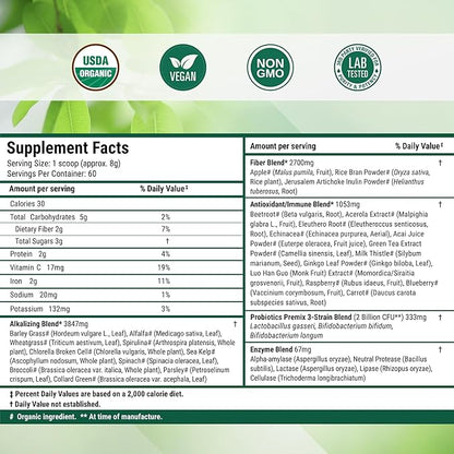 Super Greens Daily Greens Superfood Powder - Certified USDA Organic Green Powder w/20+ Whole Foods, Spirulina Powder, Wheat & Barley Grass - Probiotics, Fiber & Enzymes - Original Flavor, 60 Servings