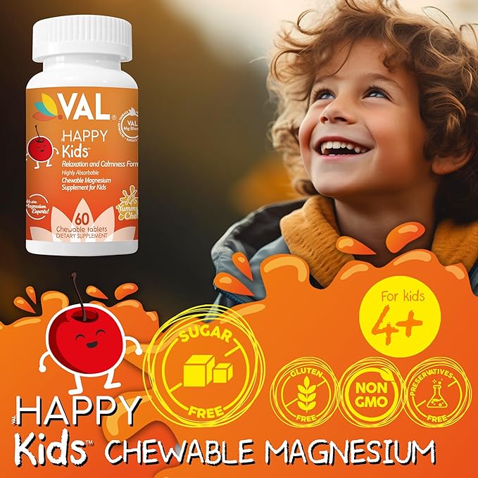 VAL Magnesium for Kids | High-Absorption Magnesium for Calm, Relaxation & Focus | Mg Glycinate, Citrate & Taurate | with Vitamin B6, D & C | Sugar-Free, Non-GMO | 60 Chewable Tablets