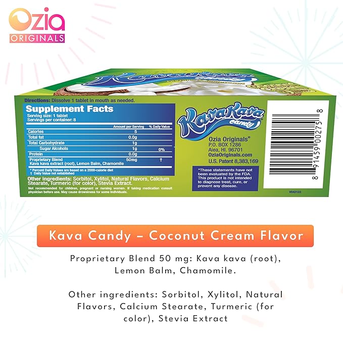 Ozia Originals Kava Kava Candy - 8 Kava Candies Per Pack, Kava Extract Stress Relief Supplement, Natural Kava Root Chill Happy Pill, Encourages Positive Mood - Coconut Cream Flavor, 1 Box (12 Packs)