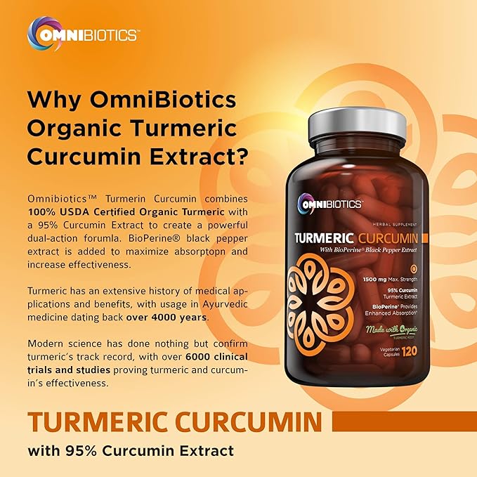 Organic Turmeric Curcumin Supplement with Black Pepper Extract - 1500mg Turmeric Supplement with 95% Curcuminoids & BioPerine for Joints Support. High Absorption, Non-GMO - 120 Vegan Capsules