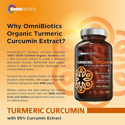 Organic Turmeric Curcumin Supplement with Black Pepper Extract - 1500mg Turmeric Supplement with 95% Curcuminoids & BioPerine for Joints Support. High Absorption, Non-GMO - 120 Vegan Capsules