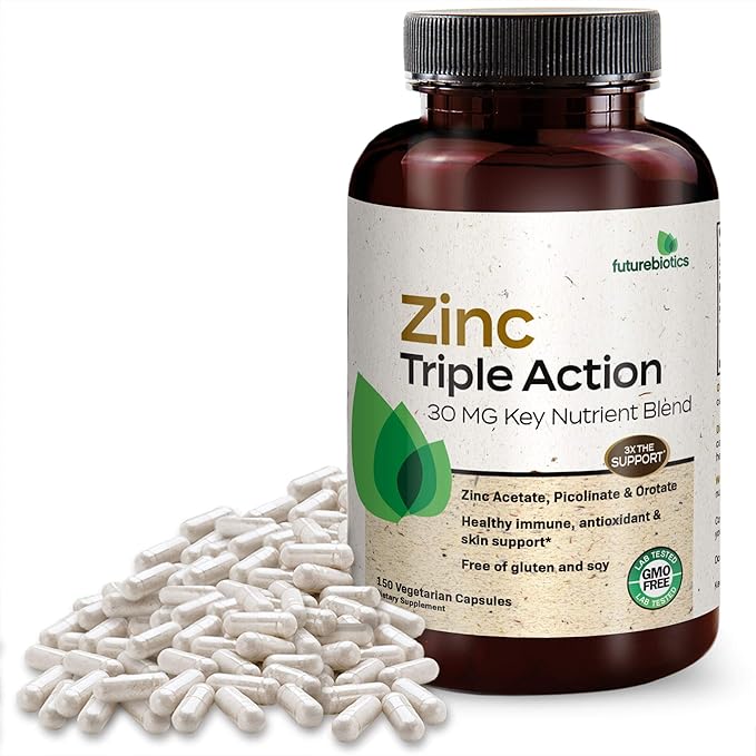 Futurebiotics Zinc Triple Action 30mg Key Nutrient Blend Immune Support Supplement with Zinc Acetate, Picolinate & Orotate - Immune, Antioxidant & Skin Health Support - 150 Vegetarian Capsules