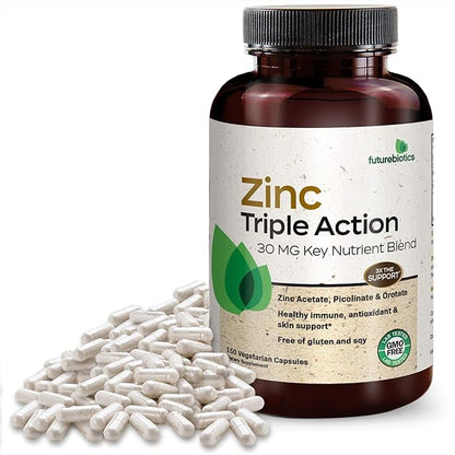Futurebiotics Zinc Triple Action 30mg Key Nutrient Blend Immune Support Supplement with Zinc Acetate, Picolinate & Orotate - Immune, Antioxidant & Skin Health Support - 150 Vegetarian Capsules