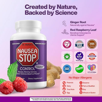 Dr. Barton’s Nausea Stop - Natural Ginger, Non-Drowsy Nausea Relief Pills for Adults & Kids, Anti Nausea, Upset Stomach, Morning Sickness & Pregnancy Nausea - Travel Essentials - 80 Capsules (1 Pack)