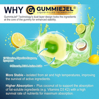 2 Pack Methylated Multivitamin for Men Gummies, BCAA Amino Acids, Zinc, Biotin, Vitamin A C E D3 K2 B Complex Calcium, Magnesium, Lycopene, Digestive Enzymes - Energy Muscle Immune - Sugar Free, Vegan