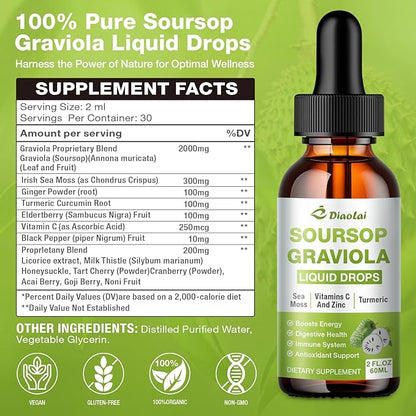2 Pack Soursop Graviola Liquid Drops - 100% Pure Organic Graviola Extract (4 Fl Oz) - Immune Support, Antioxidant Rich, Natural Energy Boost - Vegan, Non-GMO, Alcohol-Free
