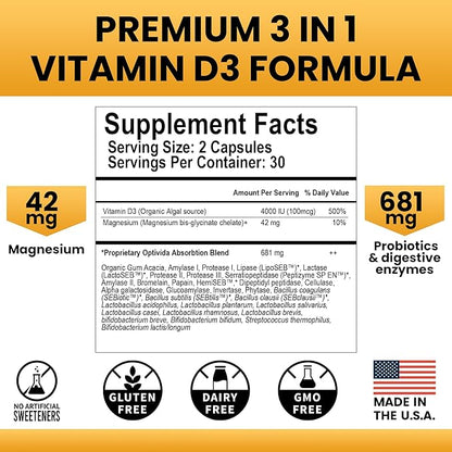 OPTIVIDA Bioavaiable Vegan Vitamin D3 4000 IU with Magnesium, Probiotics & Digestive Enzymes. Organic Vitamin D Supplement for Women & Men to Support Bone Health, Gut Health & Immune Support -60 Count
