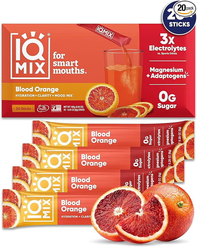 IQMIX Hydration Electrolyte Powder – 4-in-1 Formula for Hydration, Mental Clarity, Mood and Recovery – Sugar-Free Drink Mix, Keto, Magnesium L-Threonate, Lion’s Mane – 20 Count Blood Orange