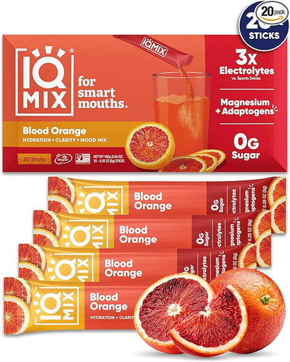 IQMIX Hydration Electrolyte Powder – 4-in-1 Formula for Hydration, Mental Clarity, Mood and Recovery – Sugar-Free Drink Mix, Keto, Magnesium L-Threonate, Lion’s Mane – 20 Count Blood Orange