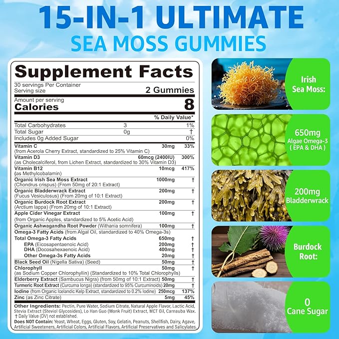 Sea Moss Gummies + Omega-3 Vegan for Man Women, Organic Irish Seamoss Supplement w/Ashwagandha, Turmeric, Elderberry, Vitamins D3 B12 C, Burdock Root, Bladderwrack, for Brain, Energy, Immunty, 120Cts