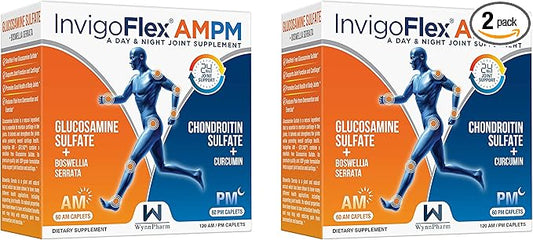 INVIGOFLEX Glucosamine & Chondroitin Sulfate - Turmeric Curcumin - Boswellia Serrata (Non GMO) 24 - Hour Premium Joint Supplement AMPM - 2 Pack