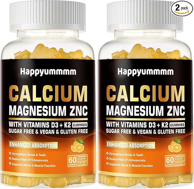 Calcium Magnesium Zinc Gummies with Vitamin D3 & K2 - High Potency Enhanced Absorption -120 Orange Gummies Flavored
