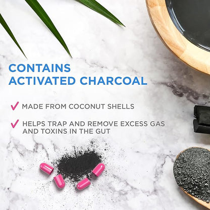 Fast Acting Gas Relief for Bloating & Flatulence, Drug Free Detoxifying Activated Charcoal Formula, 100 Capsules, 30 Day Supply, Pink