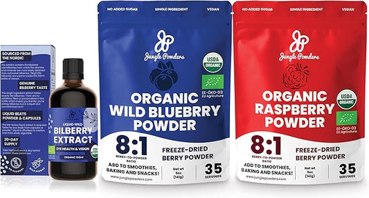 Wild Bilberry Extract Organic Blueberry Powder USDA Organic Raspberry Powder Bundle Blueberries Raspberries Powdered Whole Berry for Baking Bilberry Supplement for Eyes