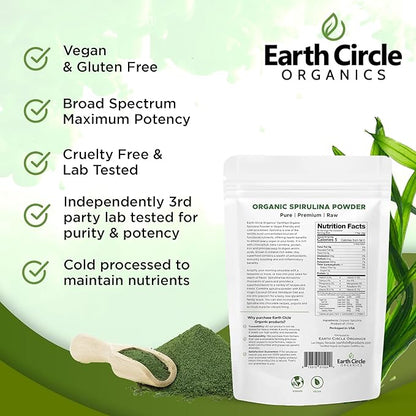 Earth Circle Organics Spirulina Powder, Kosher, Raw and Non-Irradiated | Pure Vegan Protein | Premium Superfood, High in Amino Acids and Antioxidants - 4 Ounce (2 Packs)