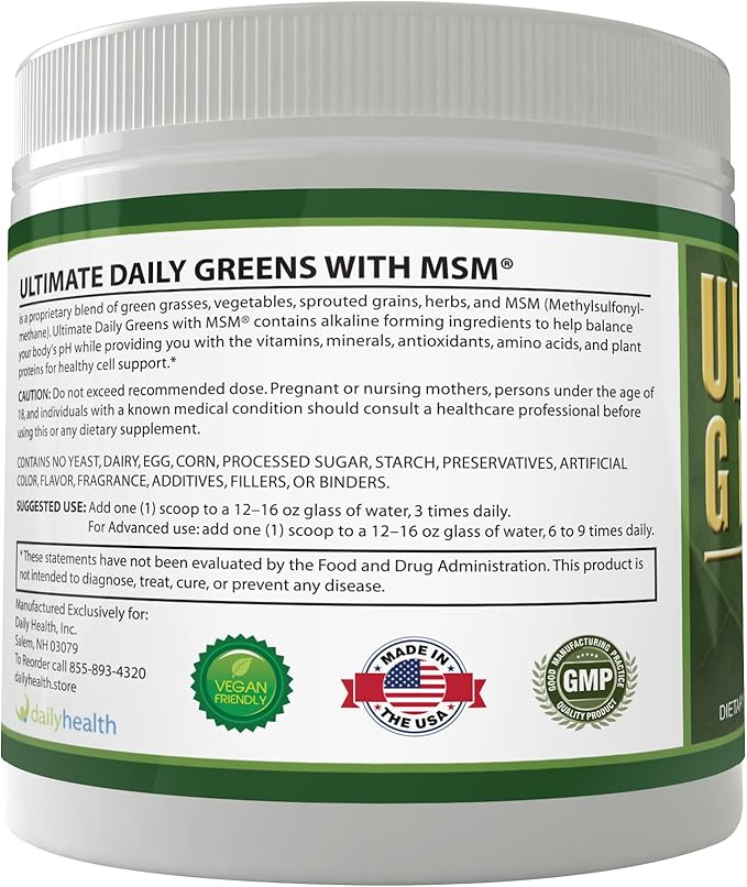 Ultimate Greens with MSM Powder, Vegan Friendly Natural Ingredients Gluten Soy Free NO GMO Superfood Vegetable Nutritional Drink Alkalizing Energy 8oz 1 Pack (1 Month Supply)