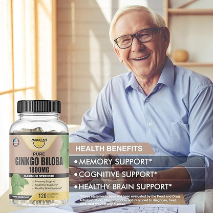 Ginkgo Biloba 1800mg, Ginkgo Biloba Organic, Memory & Brain Function Support, Improves Concentration and Cognitive Support, Clarity, 120 Veggie Caps, Non GMO, 120Caps