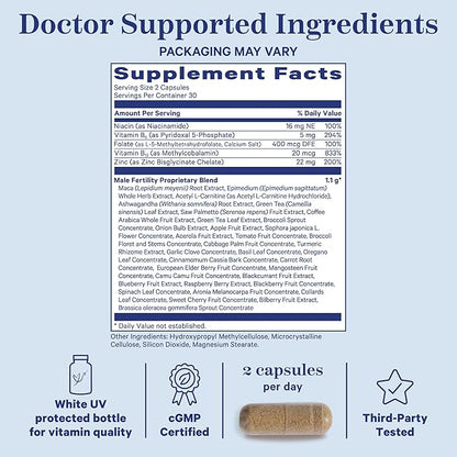 Blue Stork Fertility Supplements for Men - Supports Conception for Him - Male Prenatal Vitamins with Maca Root, Ashwagandha, Folate, B12 - Sperm Heath, Drive, Motility - 60 Capsules