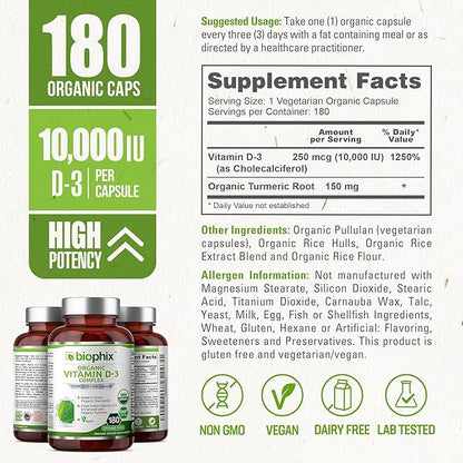 biophix Organic Vitamin D-3 Complex 10000 IU 180 Vcaps with Turmeric - High-Potency Supports Strong Bones Immune Health
