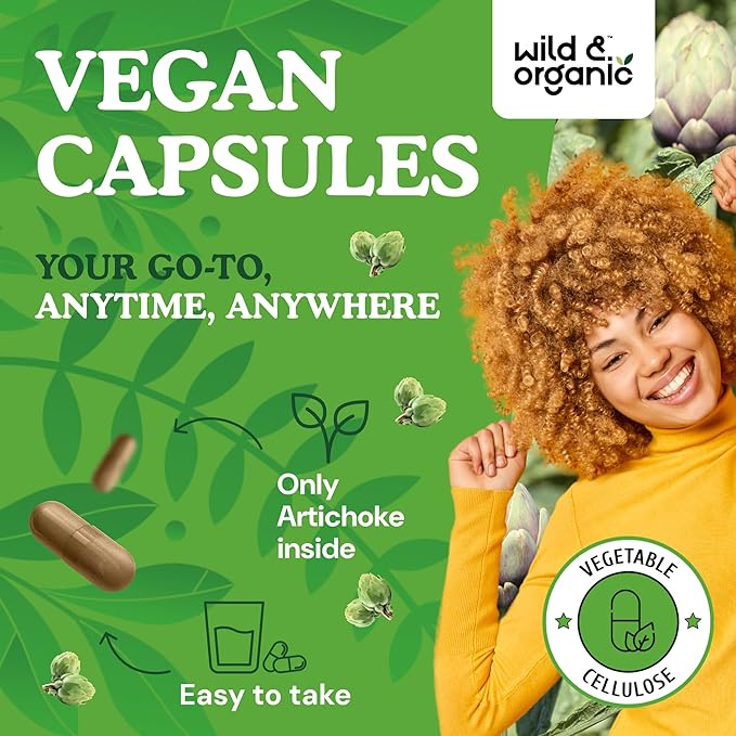 Wild & Organic Artichoke Extract Capsules 500 mg - Liver & Digestive Support - Artichoke Leaf Extract Supplement - Cynara Scolymus Leaf Powder - Vegan, No Fillers, Non-GMO - 60 Count