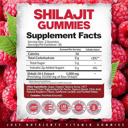 Shilajit Gummies 10,000mg for Men & Women - Maximum Strength Pure Himalayan Shilajit, Gluten-Free, Non-GMO, 100% Vegetarian - Natural Raspberry Flavor - 60 Count