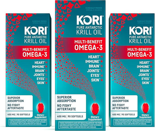 Kori Krill Oil Omega-3 400mg, 270 Mini Softgels | Multi-Benefit Omega-3 Supplement | Superior Absorption vs Fish Oil, Easy to Swallow (Pack of 3)