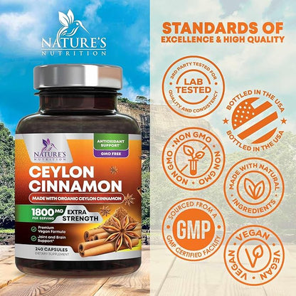 Organic Ceylon Cinnamon Supplement 1800mg - Certified Organic Ceylon Cinnamon Powder Pills - Energy & Heart Support for Women & Men, Bottled in USA, Antioxidant, Gluten Free, Non-GMO - 240 Capsules