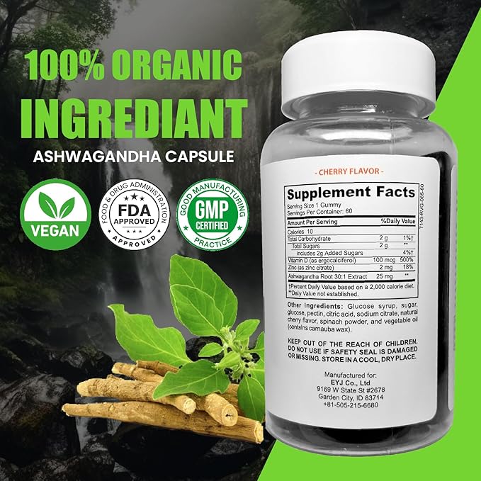 Ashwagandha Gummies - Natural Stress Reliever - 750mg Gummies - 60 Counts- Maintain Healthy Energy & Stress Levels, Green