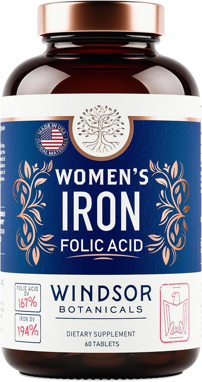 Iron and Folic Acid Supplements for Women - 35mg Gentle Iron Vitamin, Folic Acid 400mcg - Anemia, Period, Pregnancy Support Supplement, Ferrous Sulfate Pills - 60 Vegan Non-Constipating Tablets