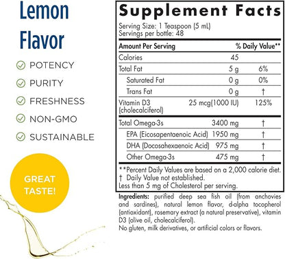 Nordic Naturals ProOmega-D Xtra Liquid, Lemon Flavor - 8 oz - 3400 mg Omega-3 + 1000 IU D3 - High-Potency Fish Oil - EPA & DHA - Brain, Eye, Heart, & Immune Health - Non-GMO - 48 Servings