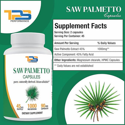 Saw Palmetto 1000mg per Serving for Men Prostate Supplements | Potent Saw Palmetto for Urinary and Prostate Health | 90 Veg Capsules,45 Days Supply