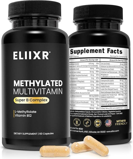 Eliixr Methylated Multivitamin Supplement for Men and Women with Active Methyl B12 and 5-MTHF Methylfolate 60 Vegetable Capsules Iron Free Made in The USA