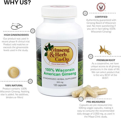 100% Pure Wisconsin American Ginseng Capsules - 500mg. Authentic Panax Quinquefolius. Potent Ground Ginseng Root - No Fillers, Binders or Other Additives. (120 Count)