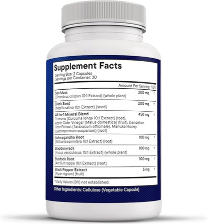NEW AGE Sea Moss Capsules Black Seed Oil Ashwagandha Turmeric Bladderwrack Burdock - with Manuka, Honey Dandelion, ACV Black Pepper Gluten Free