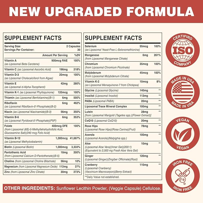 Liposomal Multivitamin for Women 50+ - Women Daily Multivitamin with 32 Ingredients, CoQ10, Vitamins C, B, D, E for Cardiovascular & Bone Health Support - Iron-Free (120 Capsules)