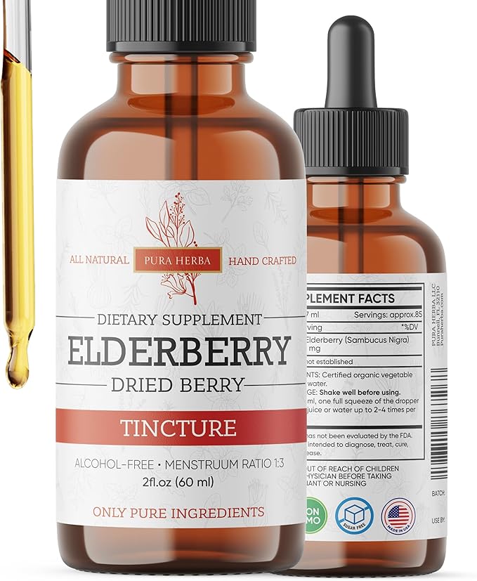 Elderberry Tincture – Organic Elderberry Extract Liquid Drops – Sambucus Herbal Supplement – Immune Support – Elderflower & Elderberry Blend – Alcohol-Free, 2 fl oz