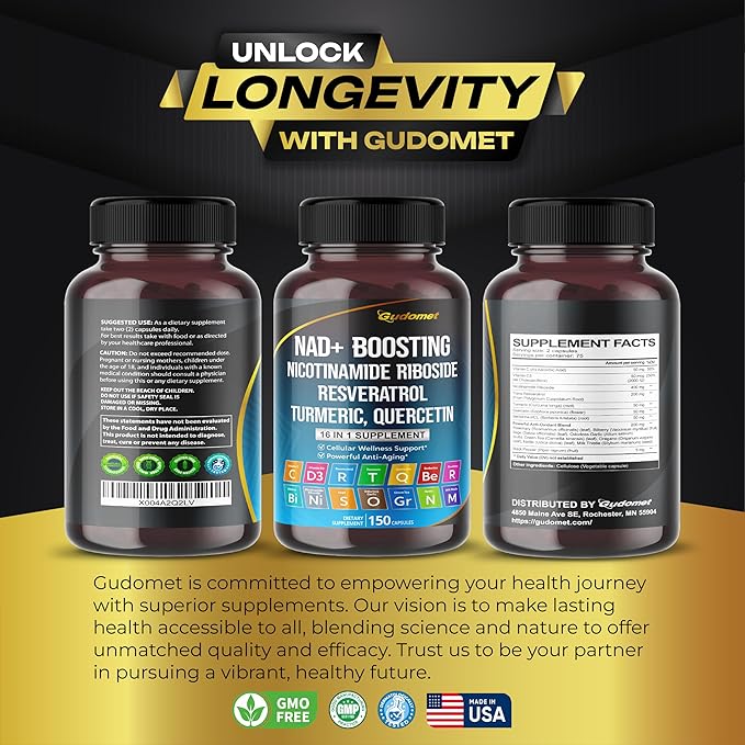 NAD+ Boosting Trans-Resveratrol Turmeric Quercetin Rosemary Bilberry Sage Green Tea Oregano Nettle Milk Thistle Black Pepper -150 Capsules- Made in USA